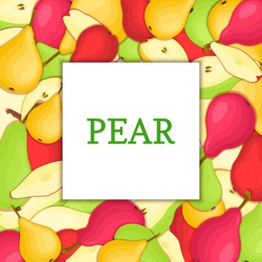Dikdörtgen çerçeve renk armut arka plan üzerinde. Vektör kartı çizim. Lezzetli taze armut bütün, soyulmuş, parça yarısı, dilim, tohum. iştah açıcı tasarım sağlıklı gıda ambalaj için arıyorsunuz