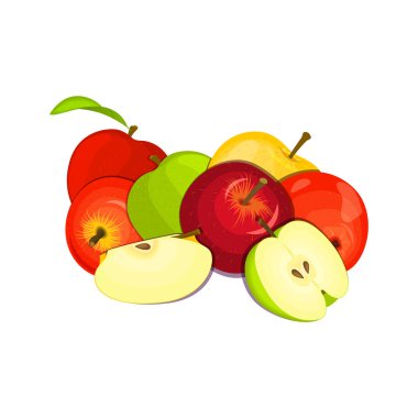 Bir kaç elma vektör Illustration. Sarı, kırmızı ve yeşil elma iştah açıcı seyir meyve. Ambalaj suyu, Kahvaltı, sağlıklı beslenme, vejetaryenlik için Grup lezzetli renkli tasarım