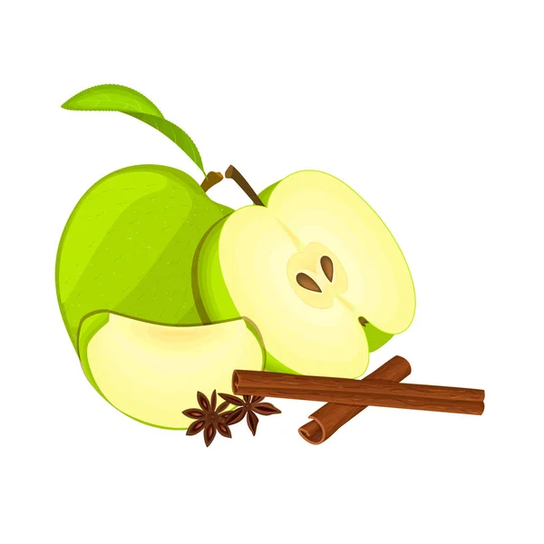 Dibujo vectorial de unas manzanas con especias. Frutas de manzana verde enteras, mitad, rebanadas y anís canela Grupo sabroso diseño colorido para el jugo de embalaje, desayuno, alimentación saludable, vegetariano — Archivo Imágenes Vectoriales