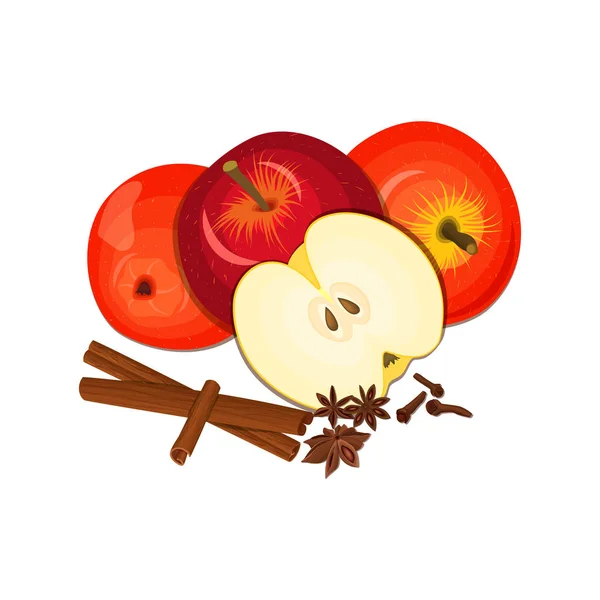 Vektoros rajz néhány Alma fűszer. Sárga és piros Alma gyümölcsök ánizs, fahéj csoport ízletes színes tervez részére csomagolás lé, reggeli, egészséges táplálkozás, vegetáriánus — Stock Vector