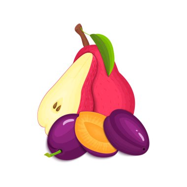 Sulu Erik ve armut bileşimi. Olgun vektör armut Erik meyve bütün iştah açıcı seyir dilim. İçin tasarım ambalaj suyu kahvaltı sağlıklı beslenme vegan lezzetli grup