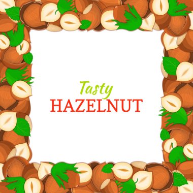 Kare kare lezzetli fındık somun oluşur. Vektör kartı çizim. Fındık, ceviz meyve kabuğu, Bütün, kabuklu, yaprakları ambalaj için seyir iştah açıcı sağlıklı gıda, menuu tasarım