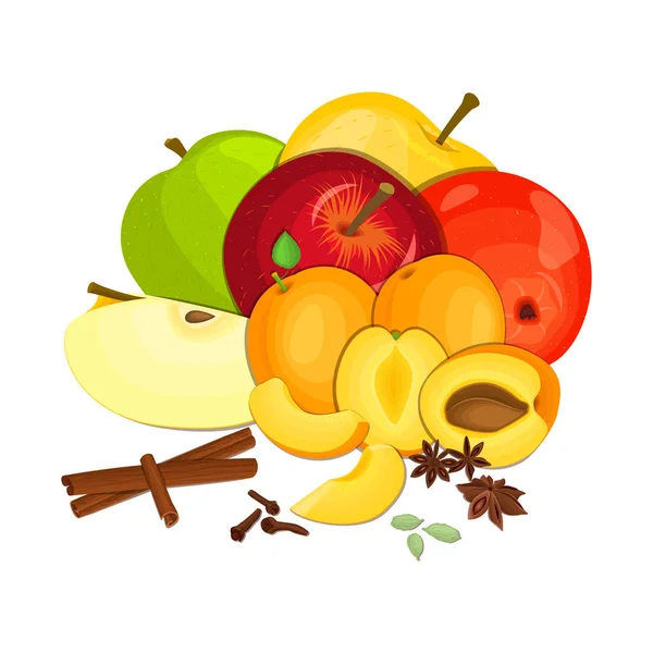 Vektoros összetétele néhány Alma-sárgabarack fűszer. Sárga, piros és zöld alma, sárgabarack gyümölcs, ánizs, fahéj szegfűszeg kardamom étvágygerjesztő keres a csomagolás, a lé, reggeli, az élelmiszer-egészségügy — Stock Vector