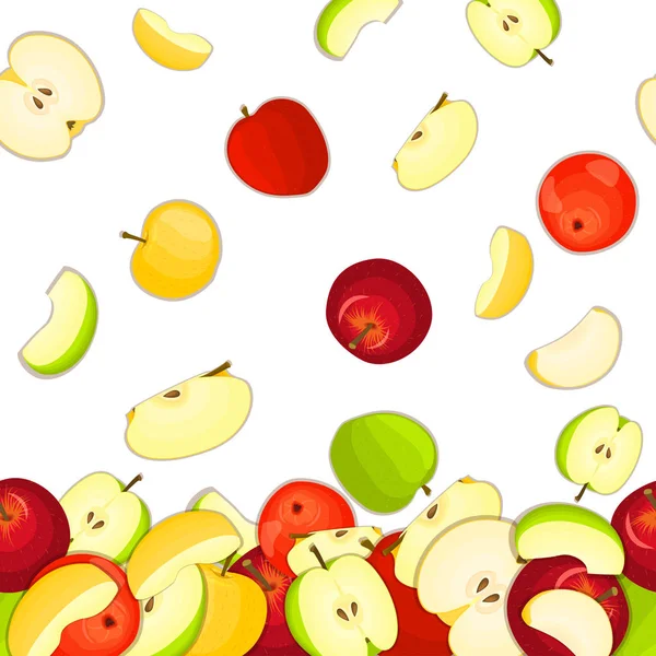 Ilustracja wektorowa spadające jabłka. Żółty, czerwony i zielony wzór jabłko owoce cały plaster apetyczny wygląd. Grupa smaczne kolorowe wzornictwo dla pakowania soków śniadanie, jedzenie — Wektor stockowy