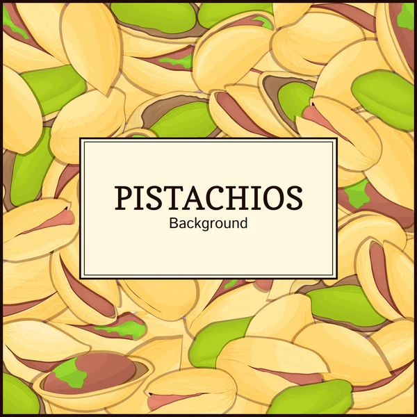 Το ορθογώνιο πλαίσιο σε pistatios φόντο. Vector εικονογράφηση κάρτας. Ξηροί καρποί, φρούτα με το κέλυφος, ολόκληρα, αποφλοιωμένα, φύλλα, ορεκτική ψάχνει για σχεδιασμό συσκευασίας, υγιεινή διατροφή — Διανυσματικό Αρχείο