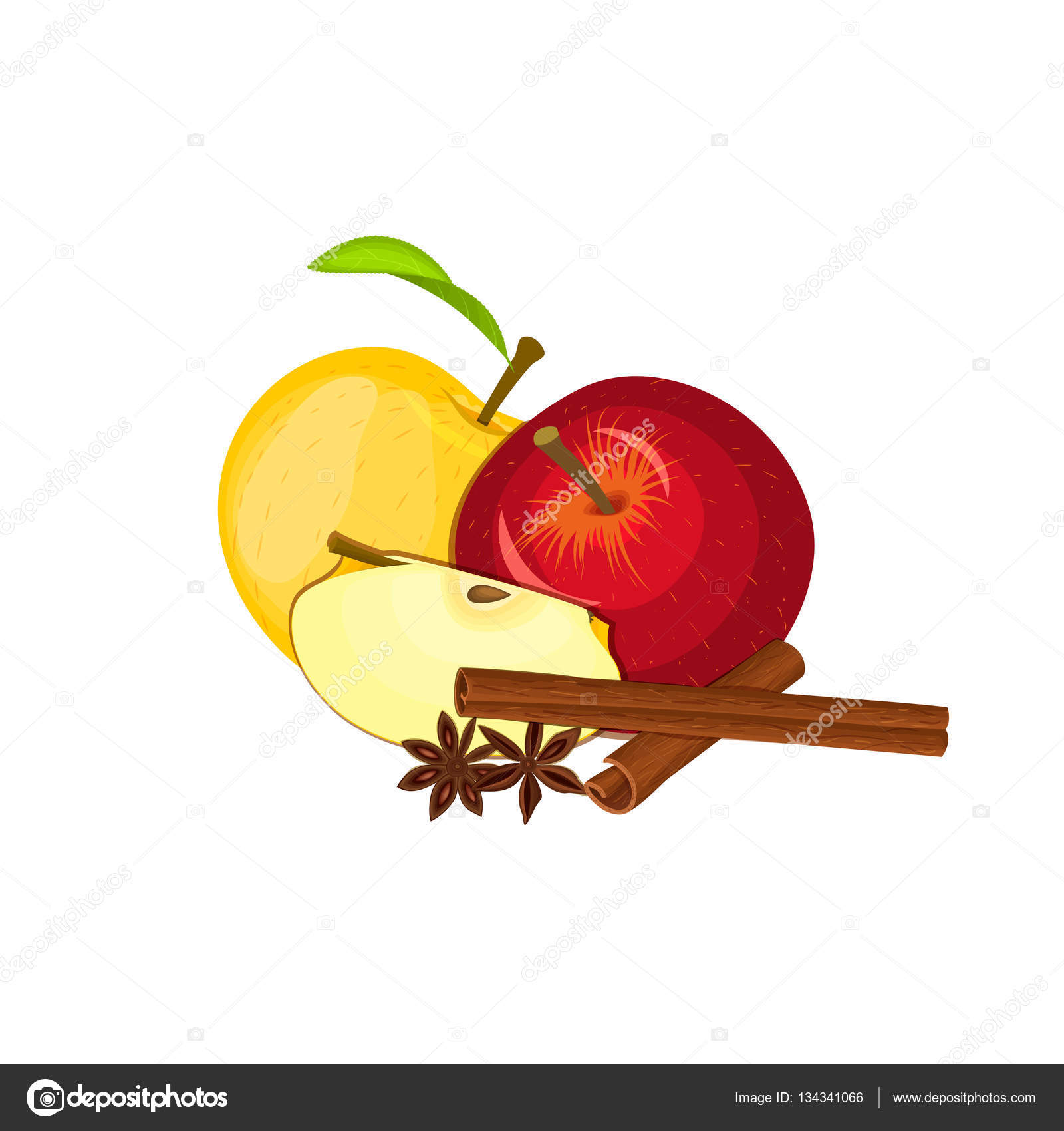 Vector il disegno di poche mele con la Spezia Frutta mela gialla e rossa e anice cannella gruppo di design colorato di gustosi frutti per il