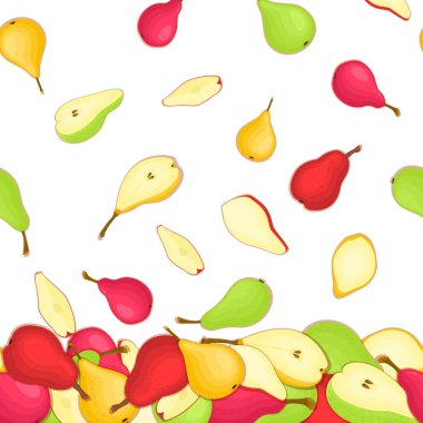 Düşen armut vektör Illustration. Sarı kırmızı ve yeşil armut meyve tüm dilim iştah açıcı seyir desen. Suyu Kahvaltı, gıda paketleme grubu lezzetli renkli tasarım