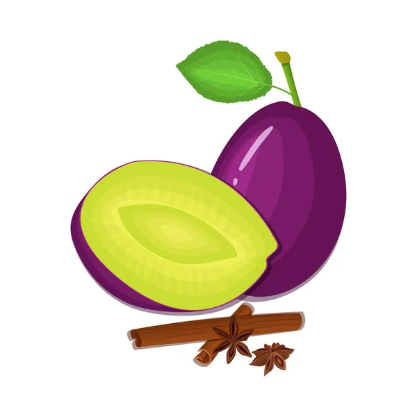 Vektorzeichnung von ein paar Pflaumen mit Gewürz. violette Pflaumenfrüchte ganze, halbe, in Scheiben geschnittene und anisfarbene Zimtgruppe leckeres buntes Design für die Verpackung Saft, Frühstück, gesunde Ernährung, vegan — Stockvektor