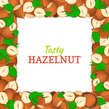 Kare kare lezzetli fındık somun oluşur. Vektör kartı çizim. Fındık, ceviz meyve kabuğu, Bütün, kabuklu, yaprakları tasarım sağlıklı gıda, ambalaj için seyir iştah açıcı yemek listesi