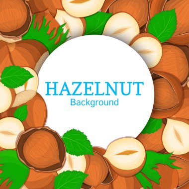 Fındık arka plan üzerinde yuvarlak beyaz çerçeve. Vektör kartı çizim. Daire içine fındık, ceviz fındık meyve kabuğu, Bütün, kabuklu, yaprakları sağlıklı gıda ambalaj tasarımı için seyir iştah açıcı
