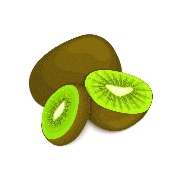 Composição de vários kiwi. kiwis vetor maduro olhar inteiro e fatias apetitoso. Grupo de frutas saborosas design colorido para o café da manhã suco de embalagem, alimentação saudável, vegetarianismo — Vetor de Stock