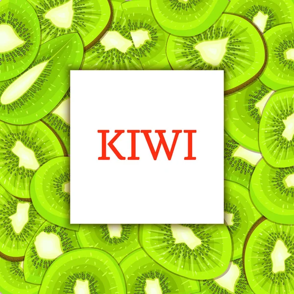 Bingkai persegi pada latar belakang buah kiwi matang. Vektor kartu ilustrasi. Lezat segar dan juicy kiwifruit dikupas, sepotong setengah, slice, biji. appetizing mencari untuk kemasan desain jus makanan . - Stok Vektor