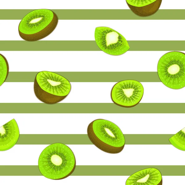 Pola vektor tanpa cela dari buah kiwi matang. Latar belakang bergaris dengan lezat juicy hijau kiwi setengah daun. ilustrasi buah segar untuk pencetakan pada kain, tekstil, kemasan desain - Stok Vektor