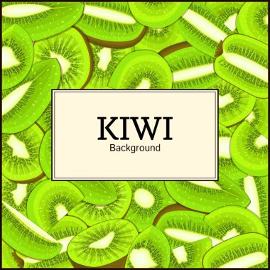 Olgun kivi meyve arka plan üzerinde kare çerçeve. Vektör kartı çizim. Lezzetli taze ve sulu kivi soyulmuş yarım, dilim, tohum parçası. iştah açıcı tasarım yemek suyu paketlemek için arıyorsunuz.