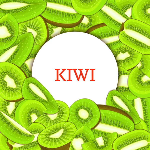 Bundar bingkai putih pada latar belakang kiwi matang. Vektor kartu ilustrasi. Lezat segar dan juicy kiwifruit dikupas sepotong setengah biji irisan menarik mencari desain makanan pengemasan sarapan jus - Stok Vektor