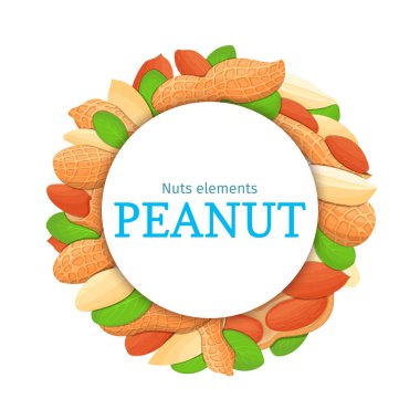 Renkli çerçeve fıstık somun oluşur. Vektör kartı çizim. Daire fındık, yer fıstığı meyve kabuğu, Bütün, kabuklu, yaprakları tasarım sağlıklı gıda ambalaj için seyir iştah açıcı
