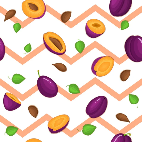 Padrão vetorial sem costura de ameixas maduras fruta. Fundo listrado com deliciosa ameixa suculenta, inteira, fatia, metade, folhas. Ilustração pode ser usada para impressão em tecido, têxtil em embalagens de design . — Vetor de Stock