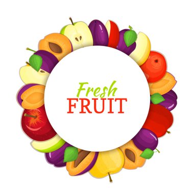 Renkli çerçeve lezzetli elma Erik meyve oluşur. Vektör kartı çizim. Daire elma Erik. Olgunlaşmış taze meyve iştah açıcı tasarım suyu, paketlemek için arıyorum gıda Servis Kahvaltı