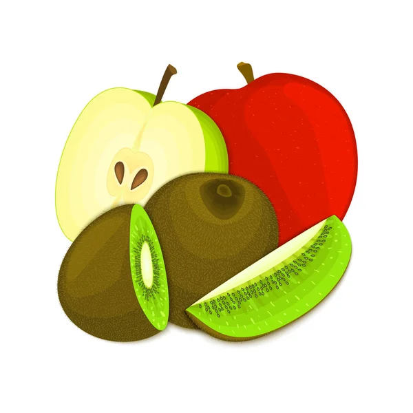 Lédús alma, kiwi összetétele. Érett vektor kivi Alma gyümölcsök egész szelet, étvágygerjesztő keres. Ízletes, design csomagolás Juice, reggeli egészséges étkezési vegán csoport — Stock Vector