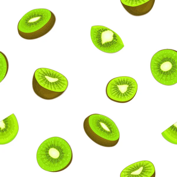 Nahtloses Vektormuster reifer Kiwis. weißer Hintergrund mit köstlichen saftigen grünen Kiwi-Scheiben, die Hälfte. Frischobst-Illustration zum Drucken auf Textildesign-Verpackungen Saftfrühstück — Stockvektor