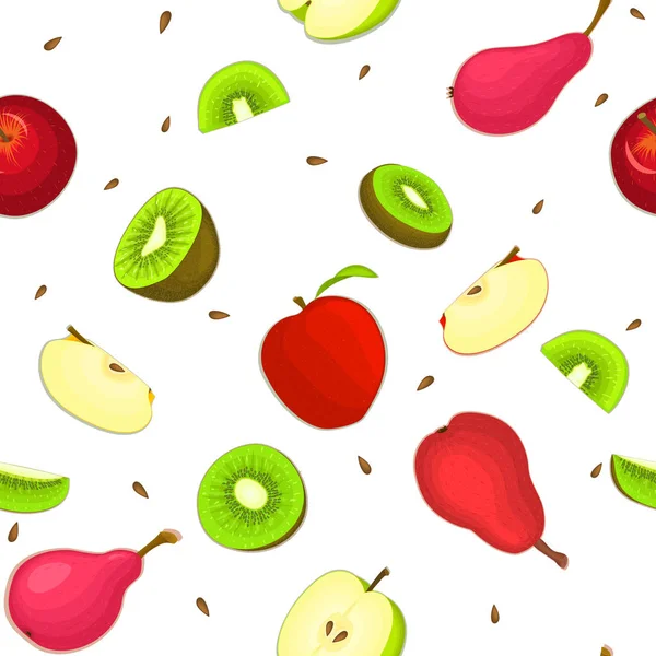 Wektor wzór dojrzałe jabłko kiwi gruszka owoców. Białe tło z gruszek soczysty pyszne Kiwi jabłka pokroić pół. świeży ilustracja do druku na tkaninie, projektowanie tkanin — Wektor stockowy