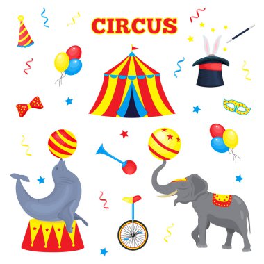 Vektör sirk öğeleri kümesi. Sirk çadırı, balon, boynuz, şapka, sihirli sopa, papyon, monocycle, serpantin, sirk hayvan fil ve mühür ile topu broşür tasarım biletlere topluluğu