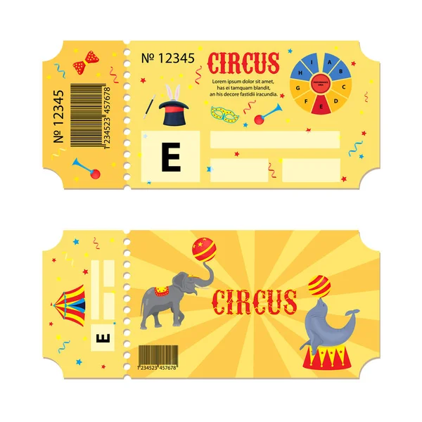 Biljetter till cirkus. Vector flyer på en cirkusföreställning. Två vintage entré biljetter mallar anges. Inbjudan kupong med elefant, tätning, mask, ballong, monocycle, stjärna, serpentin kort pass. — Stock vektor