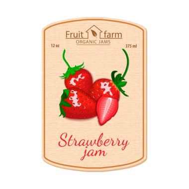 Vektör çilek reçeli etikel. Çilek meyve kompozisyonu. Çilek reçeli, berry marmelat, meyve suyu, smoothies ile bir kavanoz için bir etiket tasarımı. Etiket tasarımınız için doku ile retro tarzında