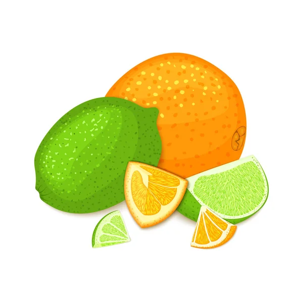 Composición de frutas tropicales de naranja y lima. Vector maduro cítricos naranja y fruta de limón enteros y rebanada apetecible buscando. Grupo de sabrosas frutas jugosas para el diseño de envases de jugo de alimentos saludables — Archivo Imágenes Vectoriales