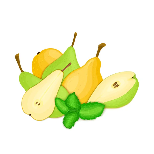 Vektorzusammensetzung aus ein paar Birnen und Minzblättern. gelbe Birnenfrüchte sehen appetitlich aus. Gruppe von leckeren reifen Birnen mit Pfefferminzblättern Verpackungsdesign von Saft, Frühstück, gesunde vegane Nahrung. — Stockvektor