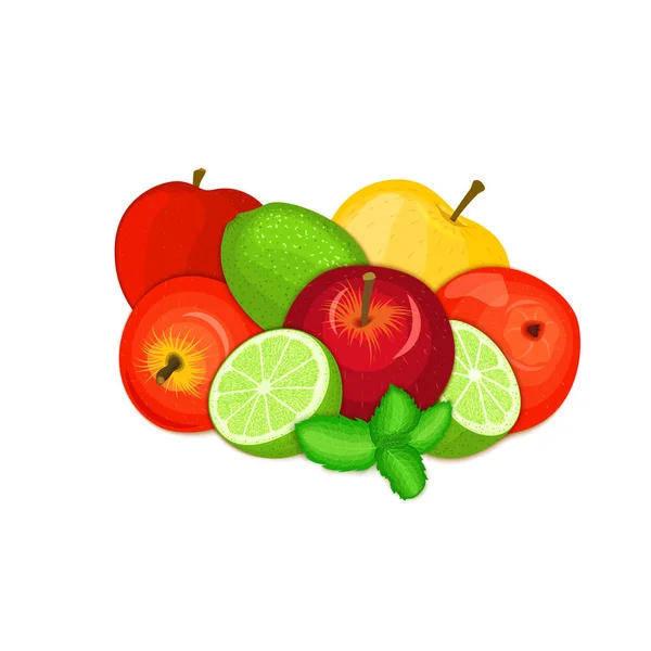 Vector samenstelling van een paar appels citrus kalk en mint gele, rode en groene appel vruchten hele verlaat en snijd tropische citroen fruit met peper muntblad voor ontwerp van SAP ontbijt., veganistisch eten. — Stockvector