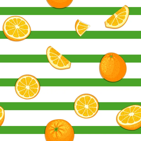 Modello vettoriale senza soluzione di continuità di frutta matura arancione. Sfondo a strisce con deliziose arance succose fetta metà. Frutta fresca vettoriale Illustrazione per la stampa su tessuto, tessile, imballaggio di design — Vettoriale Stock