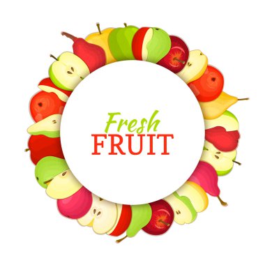 Renkli çerçeve lezzetli elma armut meyve oluşur. Vektör kartı çizim. Daire elma armut çerçeve. İştah açıcı olgunlaşmış taze meyve suyu, ambalaj tasarımı için arıyorum gıda Servis Kahvaltı