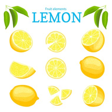 Olgun tropikal sarı limon meyve vektör kümesi. Narenciye soyulmuş yarım dilim parçası. Lezzetli limon suyu kahvaltı sağlık gıda paketleme tasarımcı öğeleri koleksiyonu