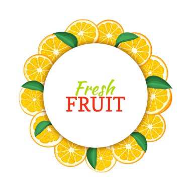 Renkli çerçeve lezzetli tropikal turuncu meyve oluşur. Vektör kartı çizim. Daire narenciye portakallar çerçeve. Olgunlaşmış taze meyve iştah açıcı tasarım suyu, paketlemek için arıyorum gıda Servis Kahvaltı