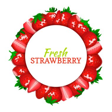 Renkli çerçeve lezzetli çilek meyvesi oluşur. Vektör kartı çizim. Circlered çilek çerçeve. Olgun taze çilek iştah açıcı yemek kahvaltı tasarım suyu, paketlemek için arıyorsunuz