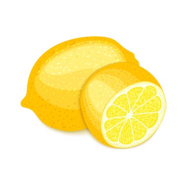 Vektör kompozisyon bir narenciye limon meyve. Beyaz arka plan üzerinde. Sarı limon bütün ve kesilmiş. Lezzetli olgun tropikal meyve grubu, tasarımcı öğeleri için ambalaj suyu kahvaltı sağlık gıda, çay