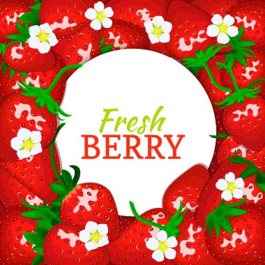 Olgun çilek zemin üzerine yuvarlak beyaz etiket. Vektör kartı çizim.