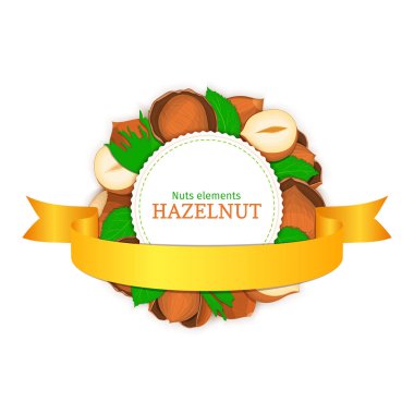 Yuvarlak beyaz çerçeve fındık ve altın şerit oluşur. Vektör kartı çizim Fındık ceviz
