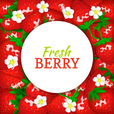 Olgun çilek zemin üzerine yuvarlak beyaz etiket. Vektör kartı çizim.