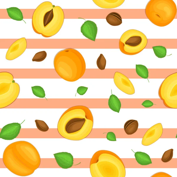 Modèle vectoriel sans couture de fruits mûrs d'abricot. Fond rayé avec de délicieux abricots juteux, entiers, tranche, moitié, feuilles. Illustration peut être utilisé pour l'impression sur tissu, textile dans l'emballage de conception . — Image vectorielle