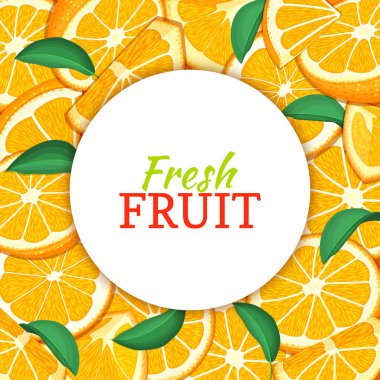 Portakal narenciye arka plan üzerinde yuvarlak beyaz etiket. Vektör kartı çizim.