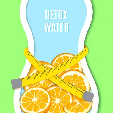 Bir kadın figürü gibi şişe, mezura bel, portakal narenciye üzerinde silüeti. Vektör kart llustration.