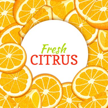 Portakal narenciye arka plan üzerinde yuvarlak beyaz etiket. Vektör kartı çizim.