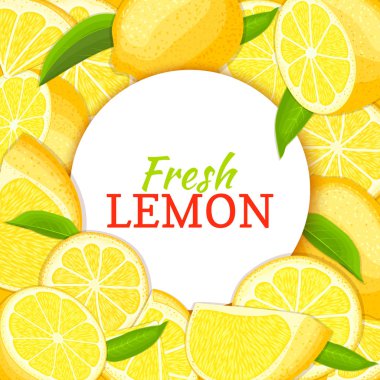 Narenciye limon arka plan üzerinde yuvarlak beyaz etiket. Vektör kartı çizim.