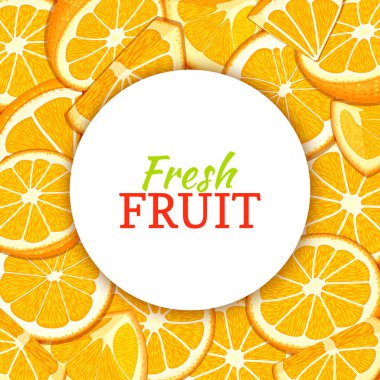 Portakal narenciye arka plan üzerinde yuvarlak beyaz etiket. Vektör kartı çizim.