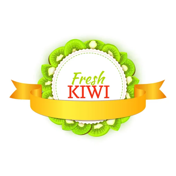 Ronde gekleurde frame bestaat uit heerlijke kiwi fruit en goud lint. — Stockvector