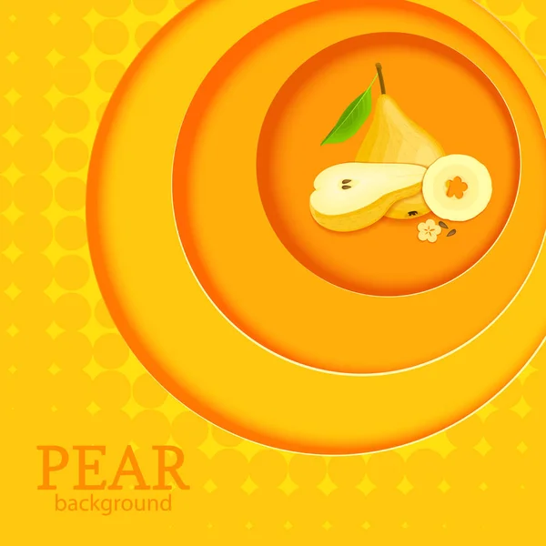 Orange background with circles on top of each other and ripe fruit pear. Vector illustration. — Stock Vector
