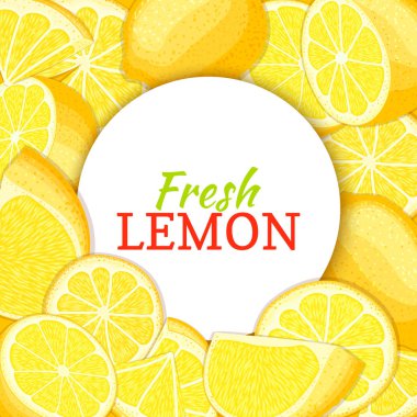 Narenciye limon arka plan üzerinde yuvarlak beyaz etiket. Vektör kartı çizim.