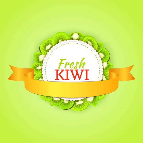 Ronde gekleurde frame bestaat uit heerlijke kiwi fruit en goud lint. — Stockvector